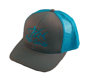 "Fish Girlz" Adult Trucker Hat - Embroidered with graphite front and neon blue back