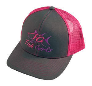 "Fish Girlz" Adult Trucker Hat - Embroidered with graphite front and pink back
