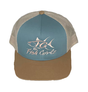 "Fish Girlz" Adult Trucker Hat - Embroidered with smoke blue front/amber gold bill and beige back