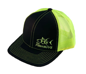 "Fish Guyz" Adult Trucker Hat - Embroidered with black front and neon yellow back