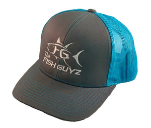 "Fish Guyz" Adult Trucker Hat - Embroidered with graphite front and neon blue back