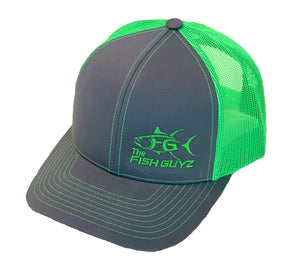 "Fish Guyz" Adult Trucker Hat - Embroidered with grey front and neon green back