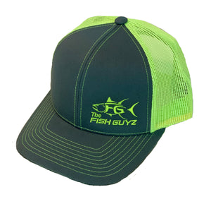 "Fish Guyz" Adult Trucker Hat - Embroidered with grey front and neon yellow back